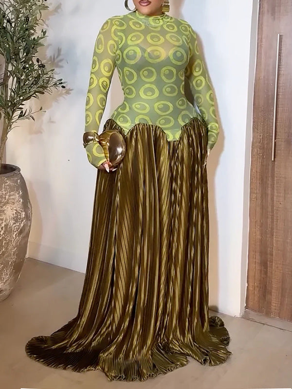 Printed Combo Pleated Dress