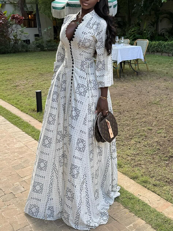 Printed Button-Front Maxi Dress