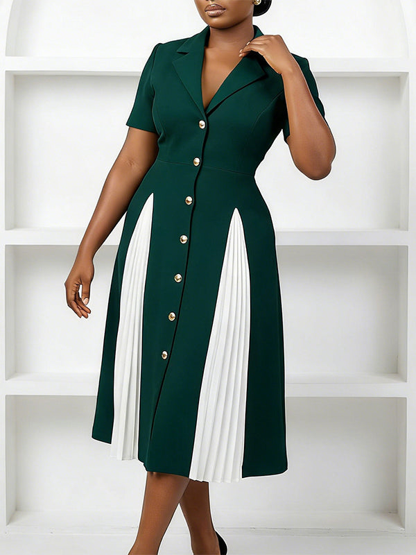 Pleated-Combo Button-Front Dress