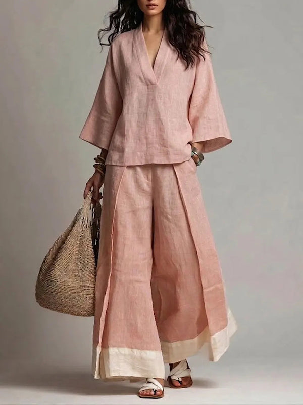 V-Neck Top & Wide-Leg Pants Set