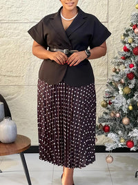 Belted Blazer & Dot Pleated Skirt Set