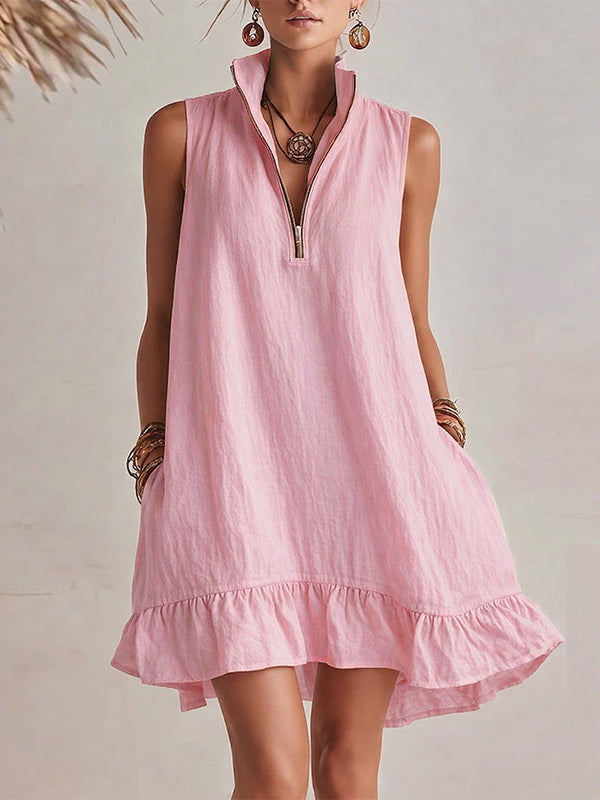 Zip-Front Sleeveless Ruffle Dress