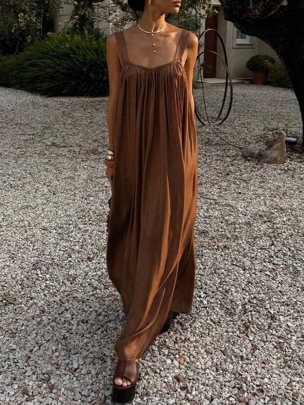 Solid Pleated Sleeveless Maxi Dress