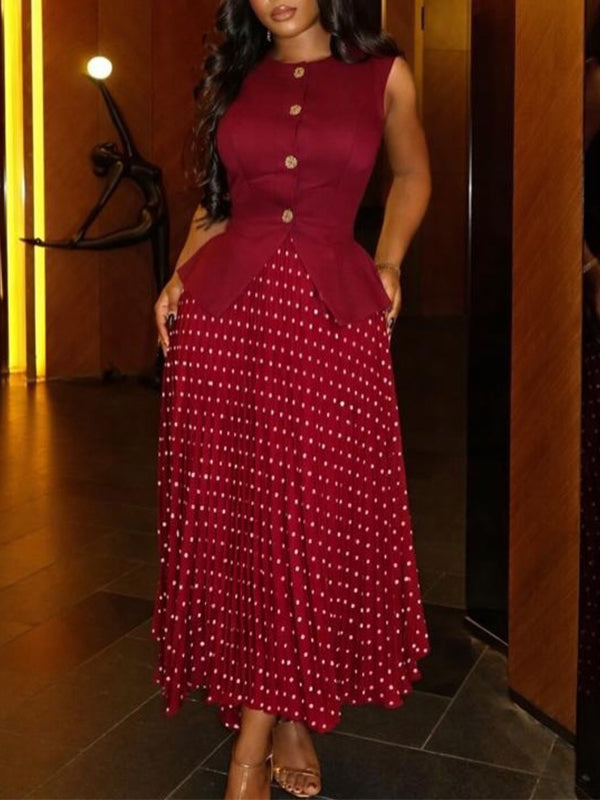 Button-Front Vest & Dot Pleated Skirt Set