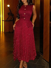 Button-Front Vest & Dot Pleated Skirt Set