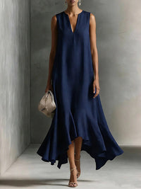 V-Neck Asymmetric-Hem Sleeveless Dress