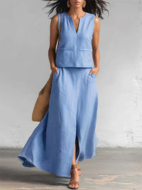 V-Neck Tank Top & Slit Skirt Set
