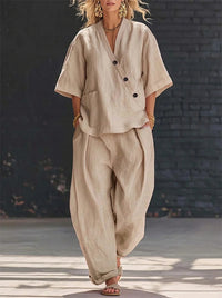 Button V-Neck Shirt & Pants Set