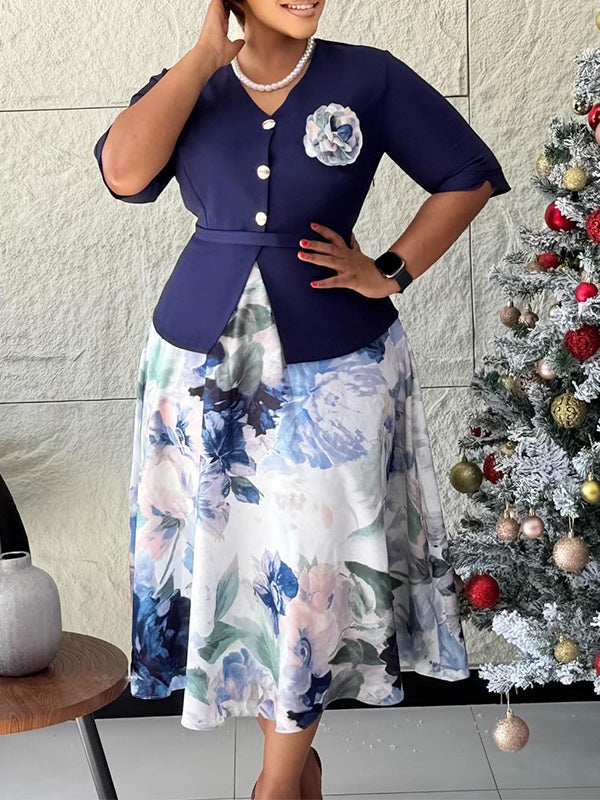 Printed-Combo Button-Front Dress