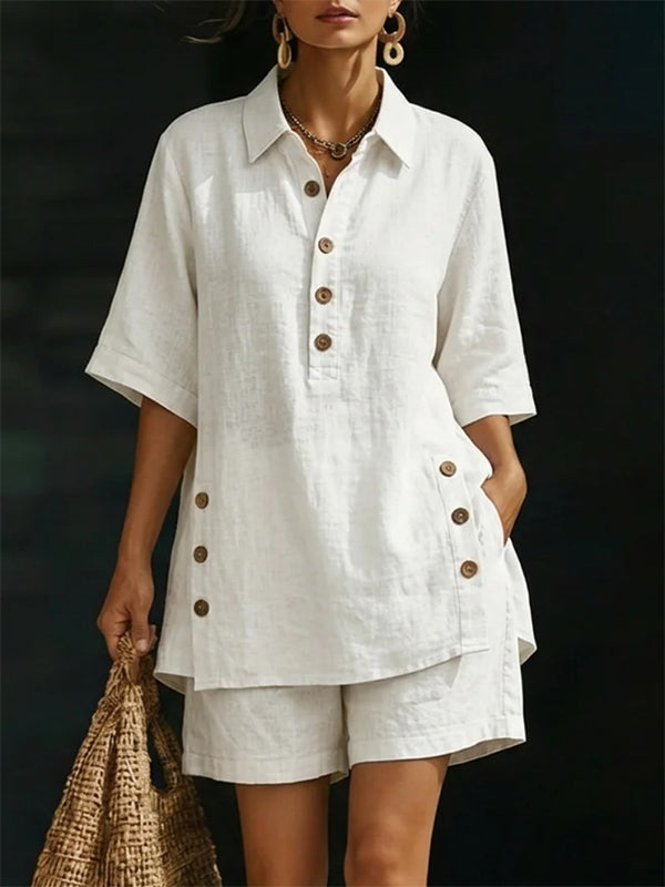 Solid Button Shirt & Shorts Set