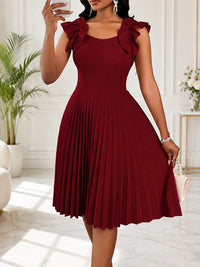 Ruffle-Shoulder Pleated Sleeveless Dress