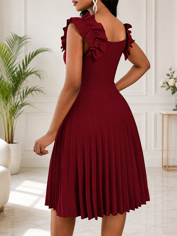 Ruffle-Shoulder Pleated Sleeveless Dress