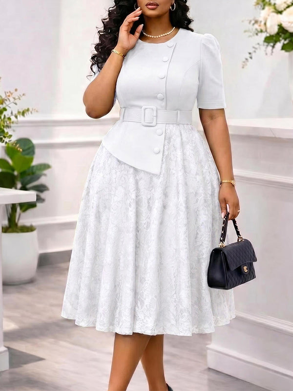 Lace Combo Belted Dress