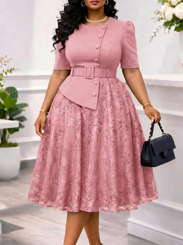 Lace Combo Belted Dress