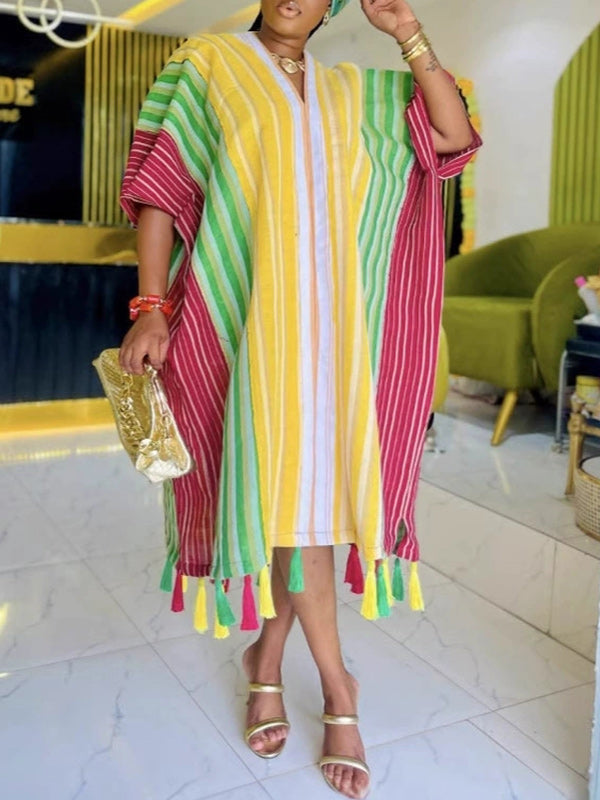 Stripe V-Neck Fringe Dress