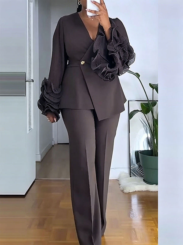 Ruffle-Sleeve Blazer & Pants Set