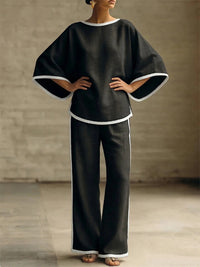 Piping Batwing-Sleeve Top & Pants Set