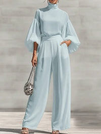 Puff-Sleeve Mock-Neck Top & Pants Set