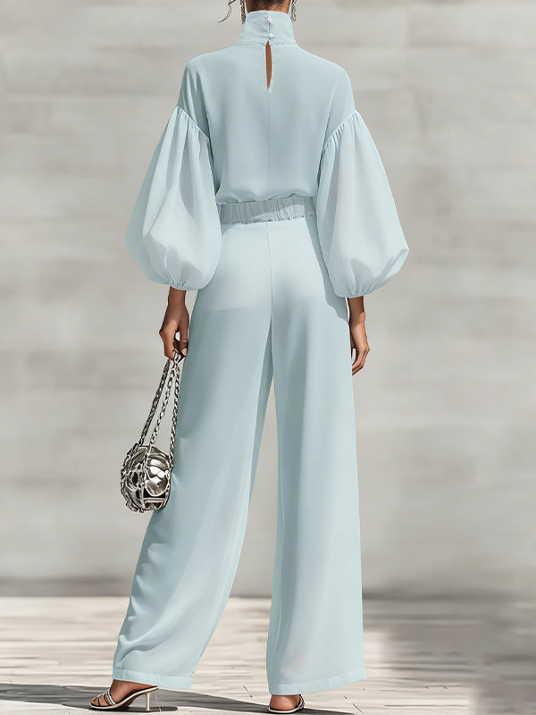 Puff-Sleeve Mock-Neck Top & Pants Set