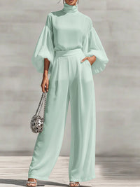 Puff-Sleeve Mock-Neck Top & Pants Set