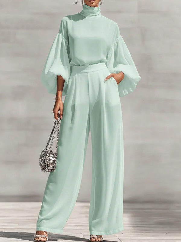 Puff-Sleeve Mock-Neck Top & Pants Set