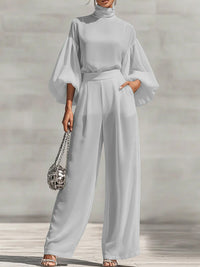 Puff-Sleeve Mock-Neck Top & Pants Set