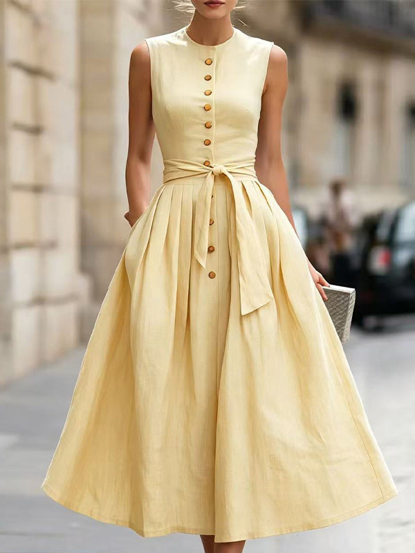 Button-Front Tied Sleeveless Dress