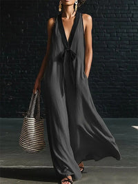Contrast V-Neck Tied Sleeveless Dress