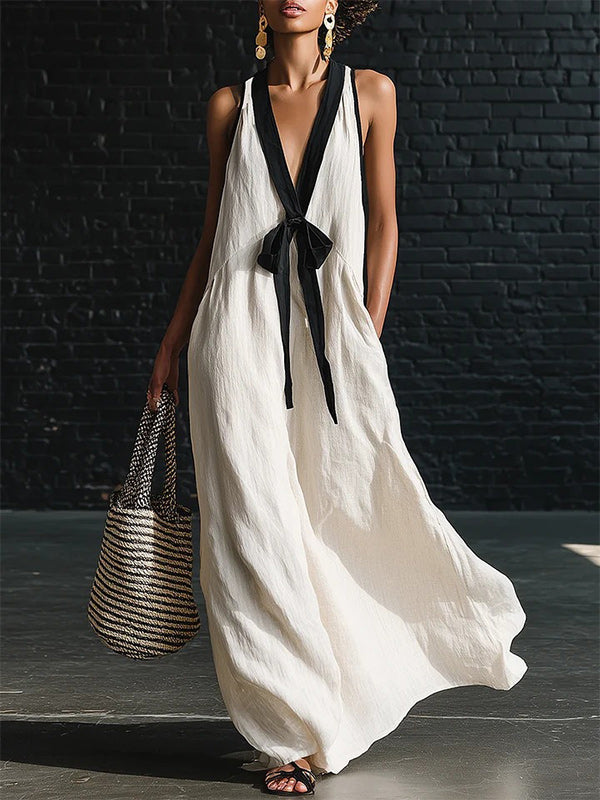 Contrast V-Neck Tied Sleeveless Dress