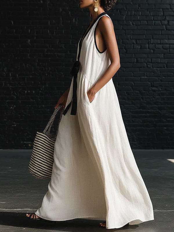 Contrast V-Neck Tied Sleeveless Dress