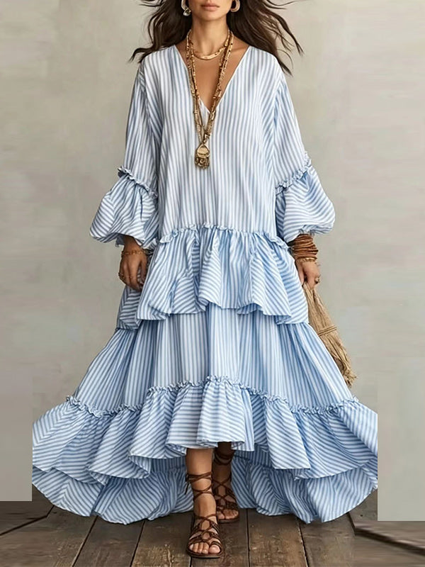 Stripe V-Neck Ruffle Dress