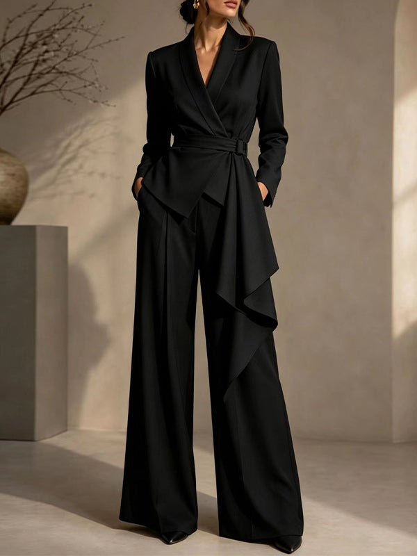 Solid Tied Blazer & Wide-Leg Pants Set