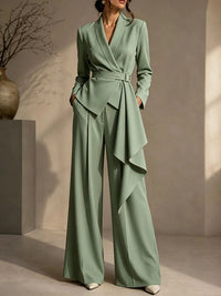 Solid Tied Blazer & Wide-Leg Pants Set