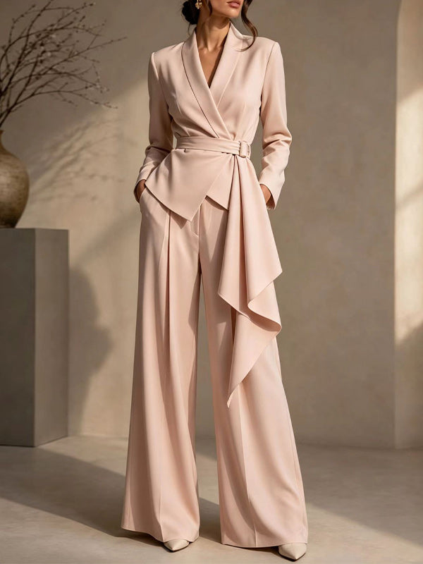 Solid Tied Blazer & Wide-Leg Pants Set