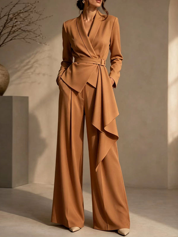 Solid Tied Blazer & Wide-Leg Pants Set