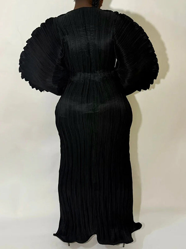 Solid Puff-Sleeve Pleated Dress