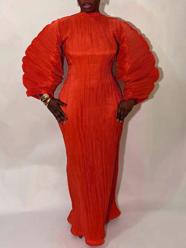 Solid Puff-Sleeve Pleated Dress