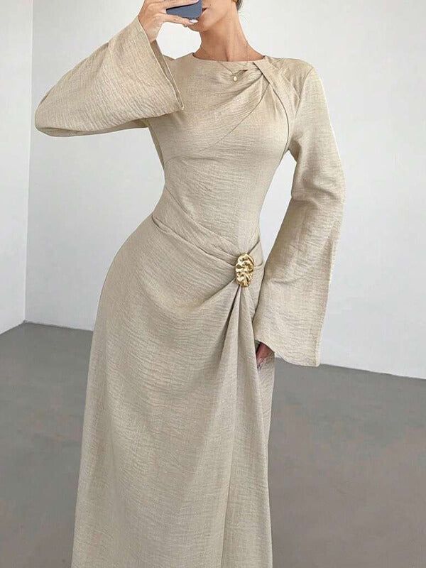 Solid Bell-Sleeve Ruched Dress