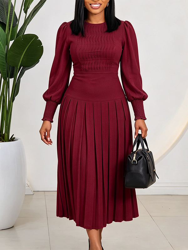 Bishop-Sleeve Pleated Dress