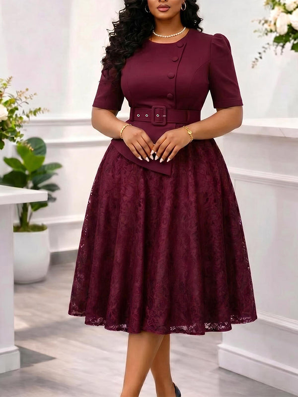 Lace Combo Belted Dress