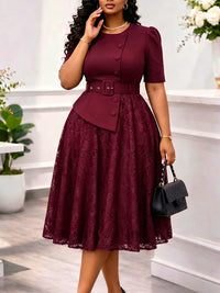 Lace Combo Belted Dress