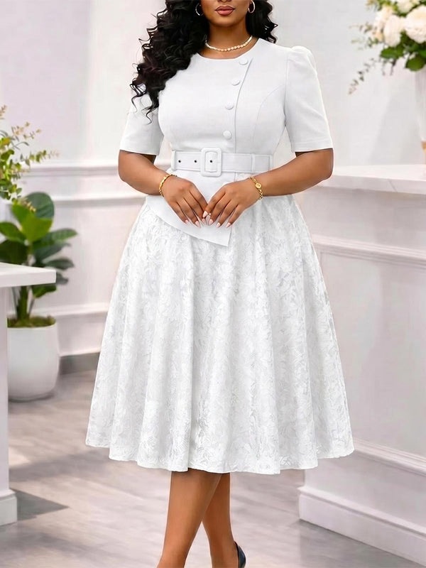 Lace Combo Belted Dress