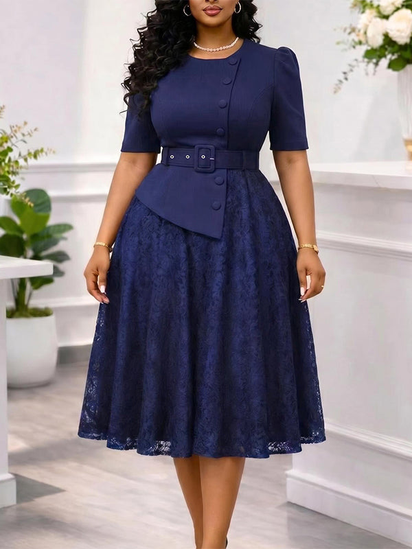 Lace Combo Belted Dress
