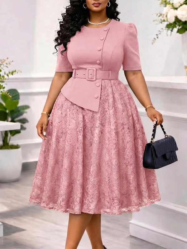 Lace Combo Belted Dress