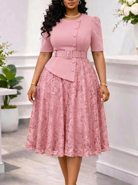 Lace Combo Belted Dress
