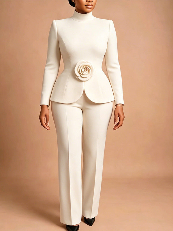 3D-Floral Mock-Neck Top & Pants Set