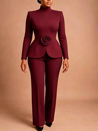 3D-Floral Mock-Neck Top & Pants Set