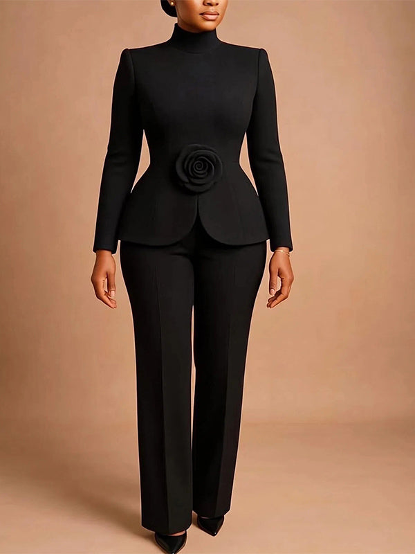 3D-Floral Mock-Neck Top & Pants Set