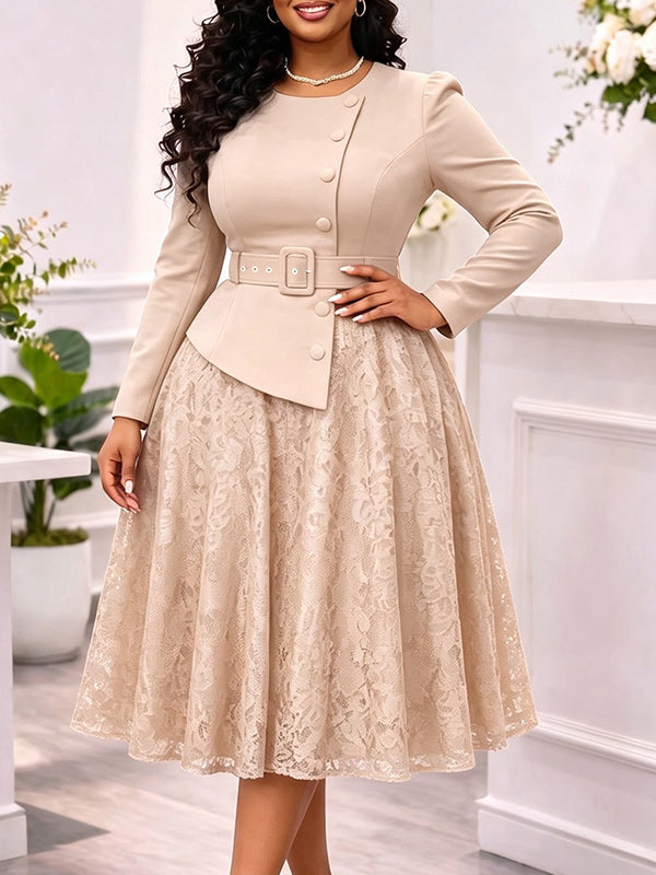 Lace Combo Belted Dress