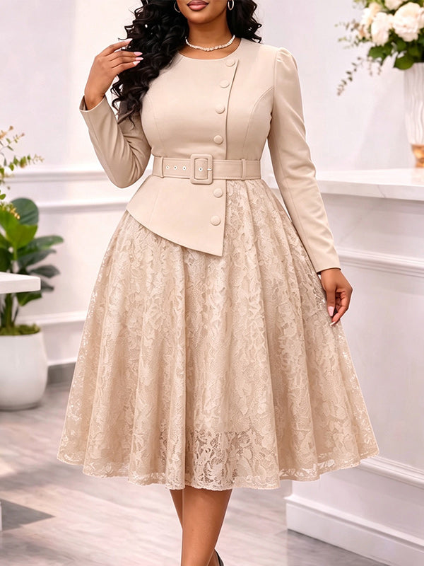 Lace Combo Belted Dress